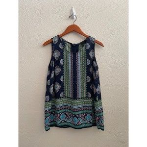 Cynthia Rowley navy blue printed bohemian tribal sleeveless top size M